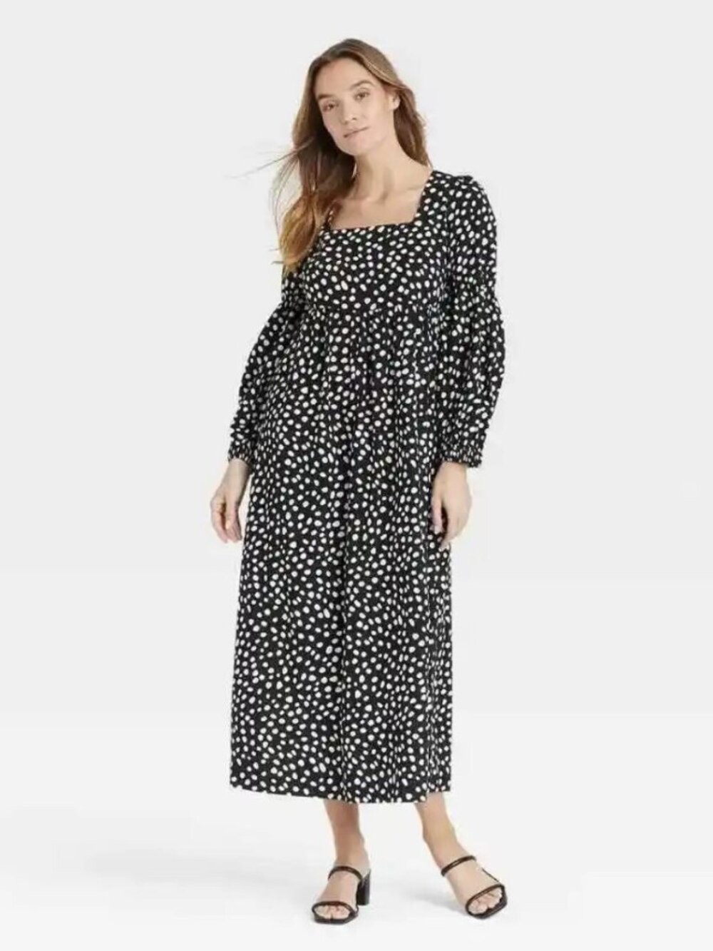 Who What Wear Black White Abstract Dot Babydoll Midi Dress Long Sleeve